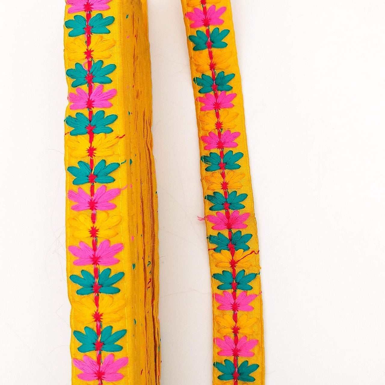Yellow Cotton Fabric Trim with Floral Embroidery in Blue, Pink, Yellow and Red