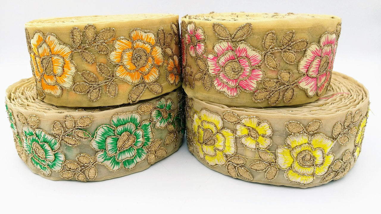 Pink and Gold Floral Embroidery Trimming, Embroidered Roses Flowers Trim, Sheer Fabric Lace