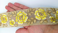 Thumbnail for Yellow and Gold Floral Embroidery Trimming, Embroidered Roses Flowers Trim, Sheer Fabric Lace