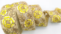 Thumbnail for Yellow and Gold Floral Embroidery Trimming, Embroidered Roses Flowers Trim, Sheer Fabric Lace