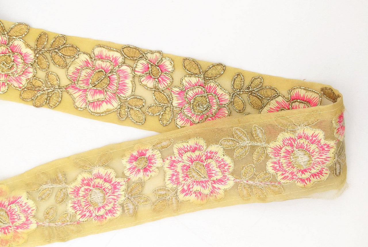 Pink and Gold Floral Embroidery Trimming, Embroidered Roses Flowers Trim, Sheer Fabric Lace