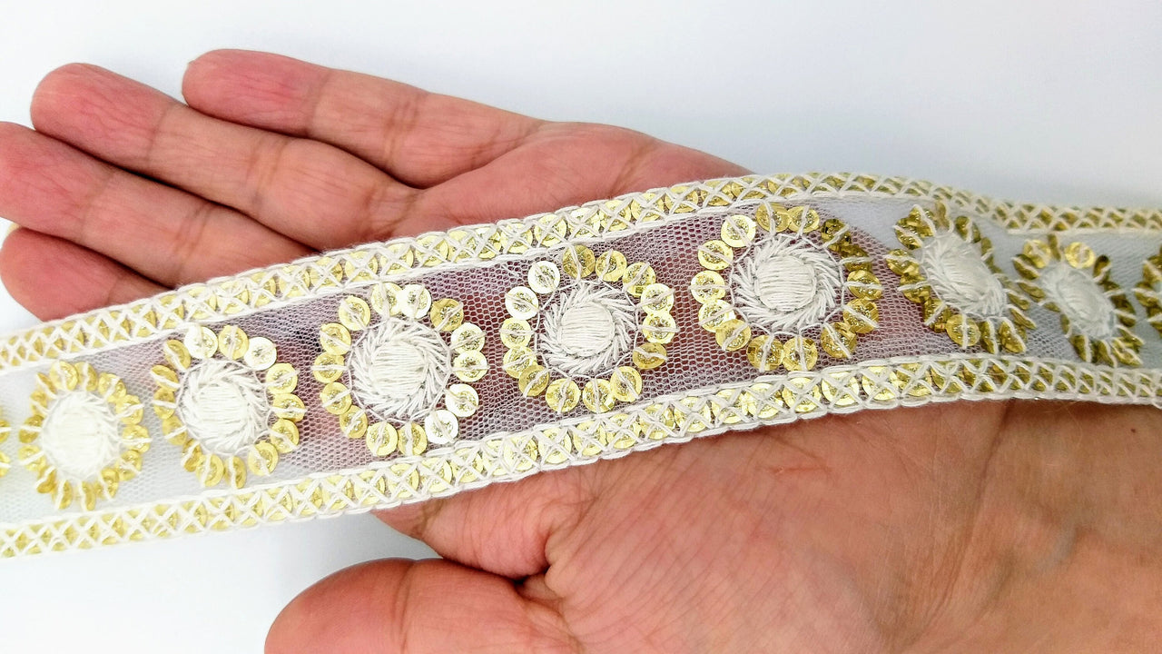 Nine Yards White Net Lace Trim Floral Embroidered With Gold Sequins, Sequinned Trim, Wedding Trim Bridal Trim