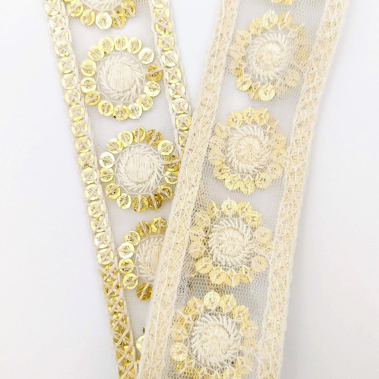 Nine Yards White Net Lace Trim Floral Embroidered With Gold Sequins, Sequinned Trim, Wedding Trim Bridal Trim