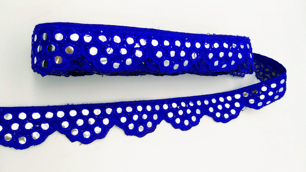 Royal Blue Mirror Trim, Kutch Embroidered Navratri Garba Dress Trim Bridal Lace, Indian Sari Border 40 mm Wide Trim Per Yard