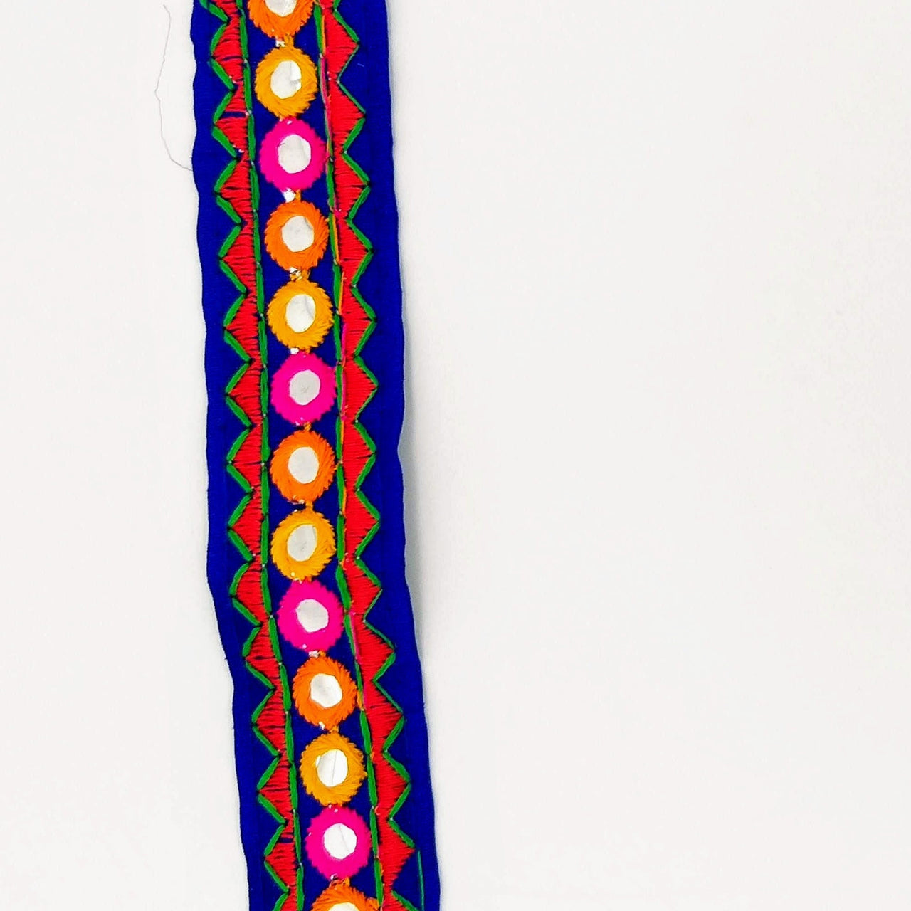 Royal Blue And Red Indian Mirror Trim Kutch Embroidered Navratri Garba Dress Trim Bridal Lace, Sari Border 30 mm Wide Trim Per 3 Yards