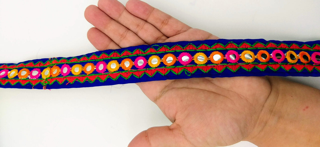 Royal Blue And Red Indian Mirror Trim Kutch Embroidered Navratri Garba Dress Trim Bridal Lace, Sari Border 30 mm Wide Trim Per 3 Yards