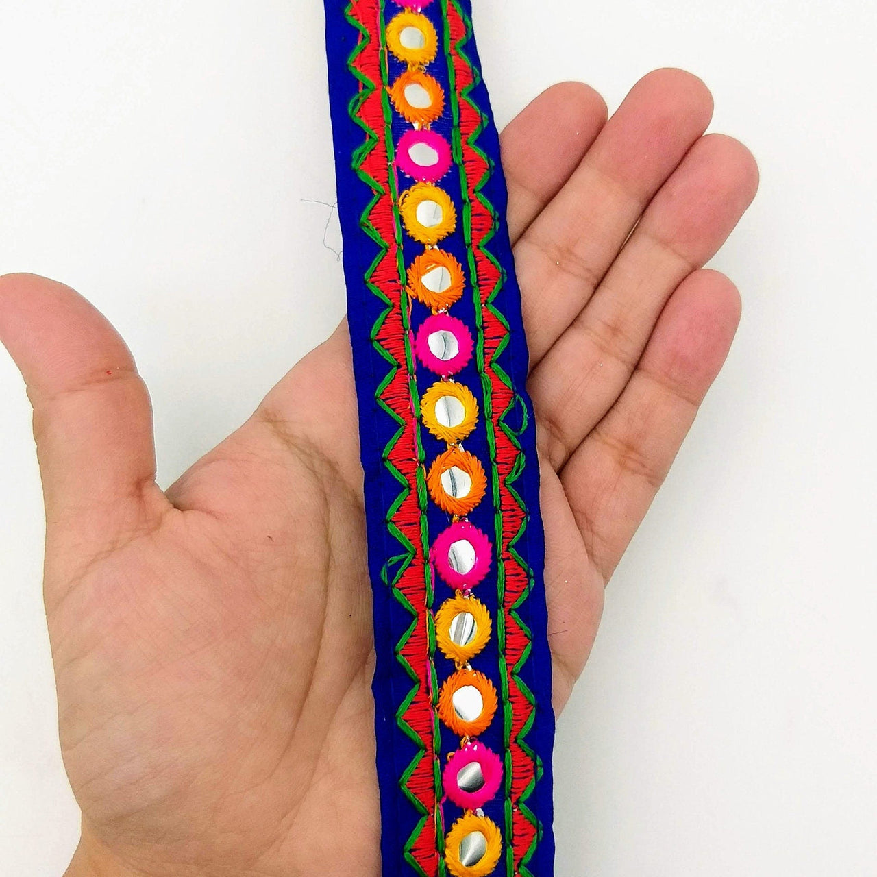 Royal Blue And Red Indian Mirror Trim Kutch Embroidered Navratri Garba Dress Trim Bridal Lace, Sari Border 30 mm Wide Trim Per 3 Yards