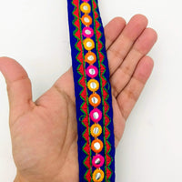 Thumbnail for Royal Blue And Red Indian Mirror Trim Kutch Embroidered Navratri Garba Dress Trim Bridal Lace, Sari Border 30 mm Wide Trim Per 3 Yards