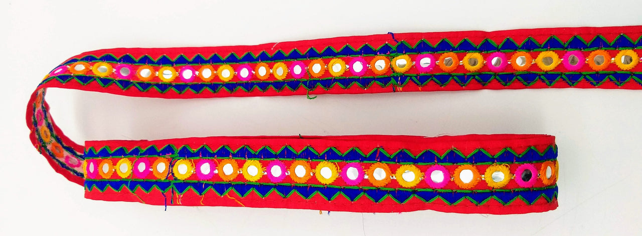 Red And Blue Indian Mirror Trim Kutch Embroidered Navratri Garba Dress Trim Bridal Lace, Sari Border 30 mm Wide Trim Per 3 Yards