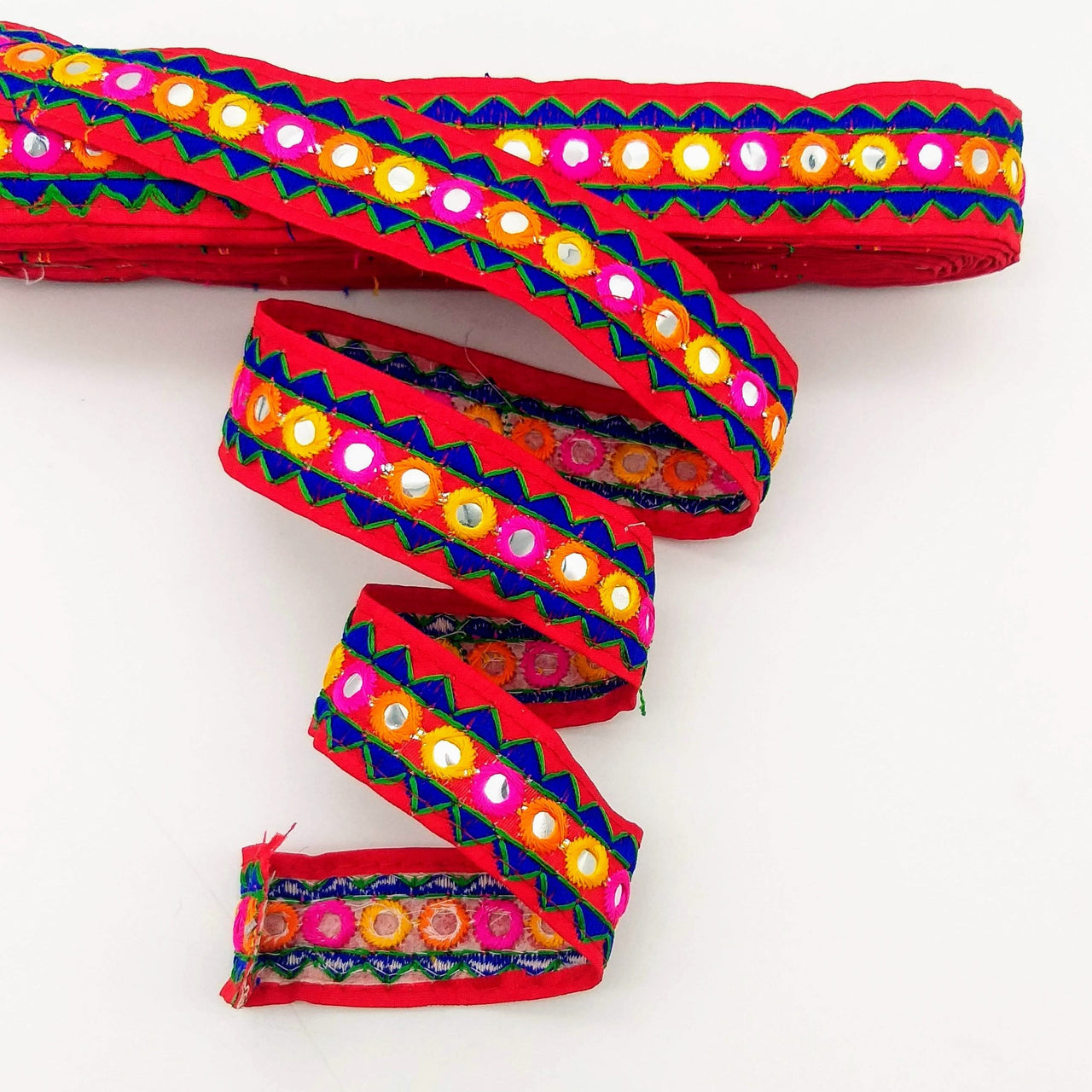 Red And Blue Indian Mirror Trim Kutch Embroidered Navratri Garba Dress Trim Bridal Lace, Sari Border 30 mm Wide Trim Per 3 Yards