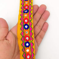 Thumbnail for Yellow And Pink Indian Mirror Trim Kutch Embroidered Navratri Garba Dress Trim Bridal Lace, Sari Border 30 mm Wide Trim Per 3 Yards