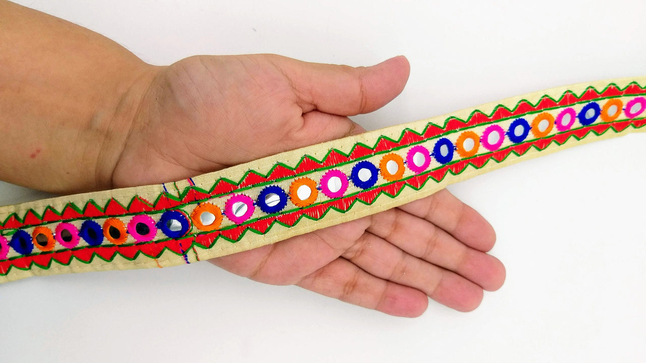 Beige And Red Indian Mirror Trim Kutch Embroidered Navratri Garba Dress Trim Bridal Lace, Sari Border 30 mm Wide Trim Per 3 Yards