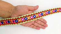 Thumbnail for Beige And Red Indian Mirror Trim Kutch Embroidered Navratri Garba Dress Trim Bridal Lace, Sari Border 30 mm Wide Trim Per 3 Yards