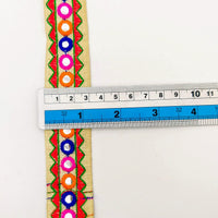 Thumbnail for Beige And Red Indian Mirror Trim Kutch Embroidered Navratri Garba Dress Trim Bridal Lace, Sari Border 30 mm Wide Trim Per 3 Yards