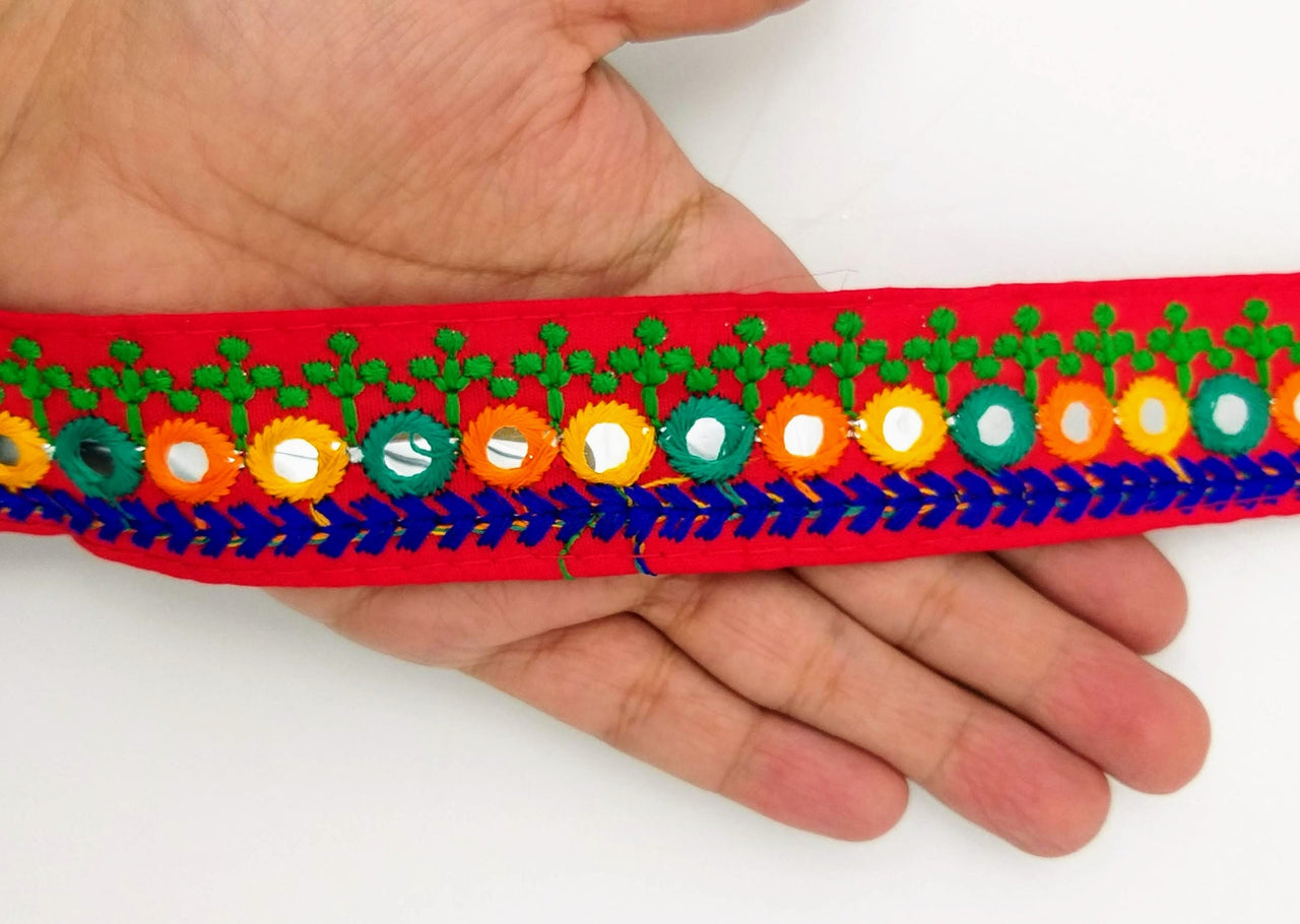 Red Indian Mirror Trim Kutch Embroidered Navratri Garba Dress Trim Bridal Lace, Sari Border 35 mm Wide Trim Per 3 Yards