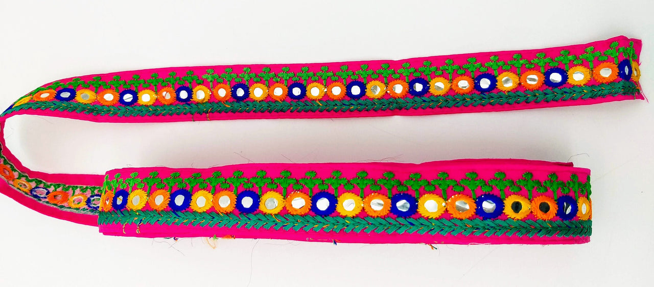 Fuchsia Pink Indian Mirror Trim Kutch Embroidered Navratri Garba Dress Trim Bridal Lace, Sari Border 35 mm Wide Trim Per 3 Yards
