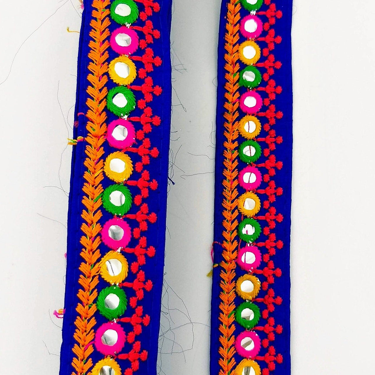 Royal Blue Indian Mirror Trim Kutch Embroidered Navratri Garba Dress Trim Bridal Lace, Sari Border 35 mm Wide Trim Per 3 Yards
