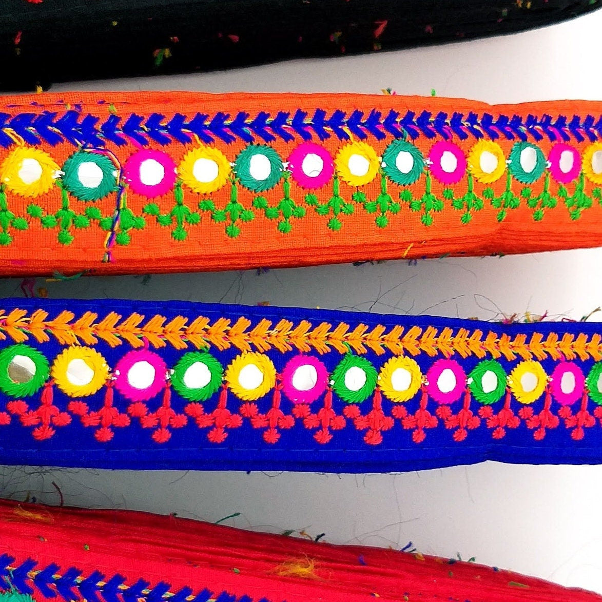 Royal Blue Indian Mirror Trim Kutch Embroidered Navratri Garba Dress Trim Bridal Lace, Sari Border 35 mm Wide Trim Per 3 Yards