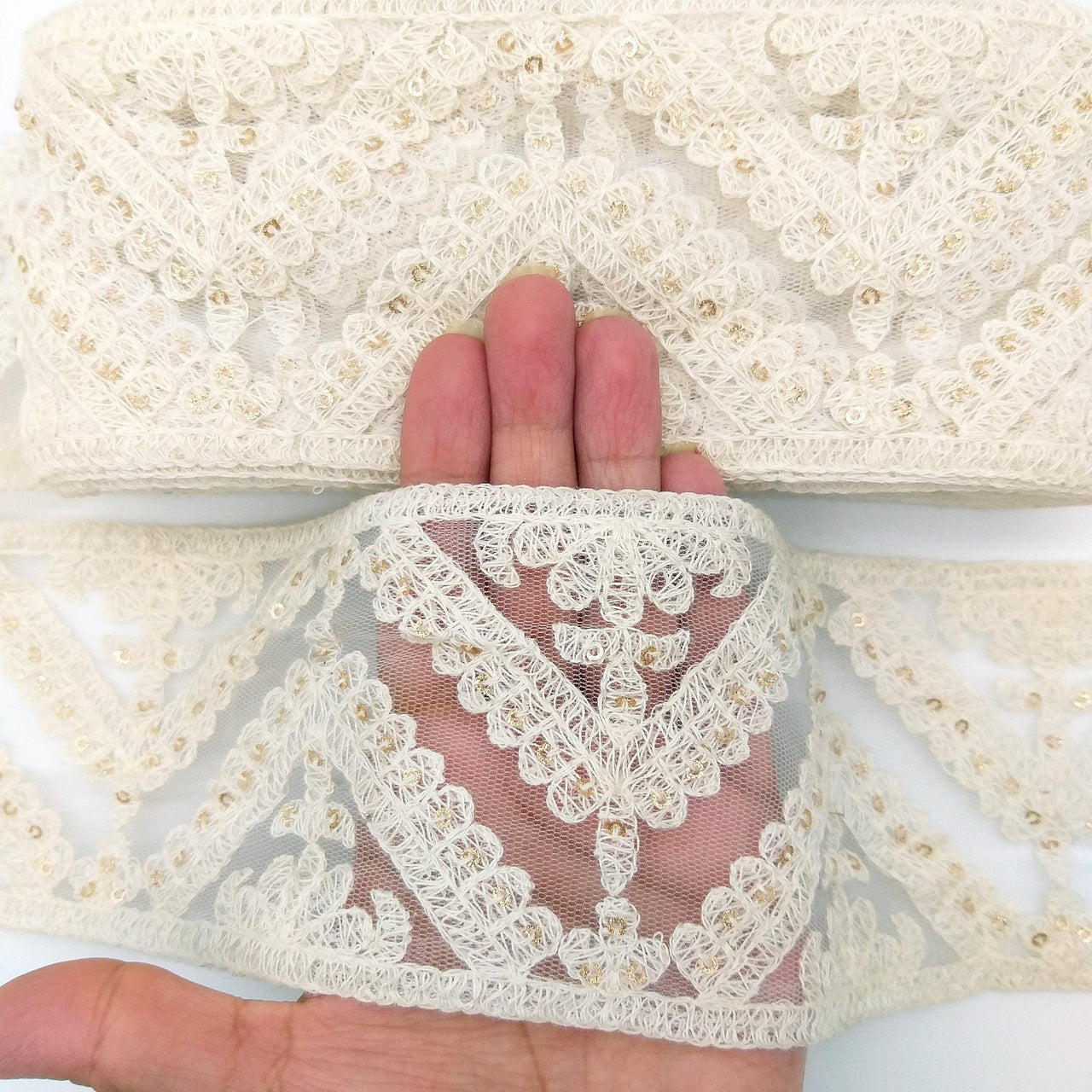 White Soft Net Lace Trim With Floral Embroidery And Gold Sequins, Sequinned Trim, Wedding Trim Bridal Trim