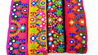 Thumbnail for Fuchsia Pink Indian Mirror Trim Floral Embroidered Trim Lace, Sari Border 60 mm Wide, Trim By Yard