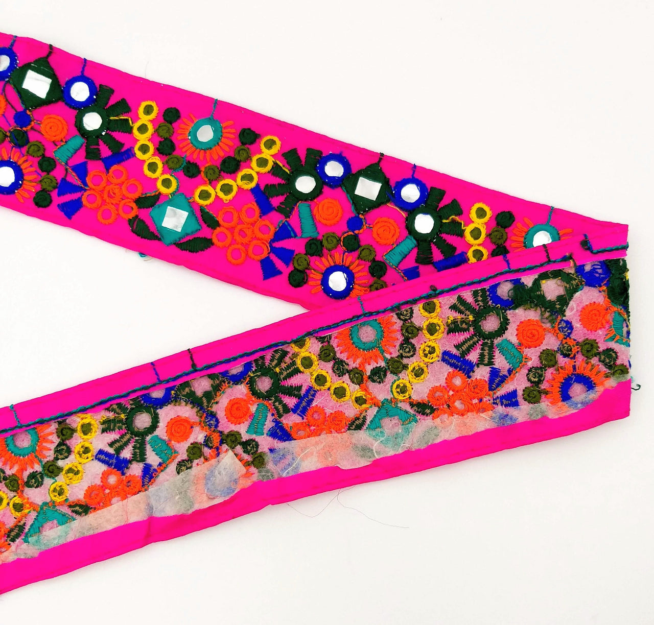 Fuchsia Pink Indian Mirror Trim Floral Embroidered Trim Lace, Sari Border 60 mm Wide, Trim By Yard