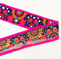 Thumbnail for Fuchsia Pink Indian Mirror Trim Floral Embroidered Trim Lace, Sari Border 60 mm Wide, Trim By Yard