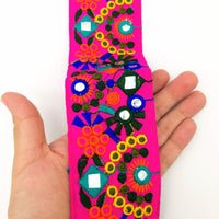 Thumbnail for Fuchsia Pink Indian Mirror Trim Floral Embroidered Trim Lace, Sari Border 60 mm Wide, Trim By Yard
