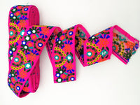 Thumbnail for Fuchsia Pink Indian Mirror Trim Floral Embroidered Trim Lace, Sari Border 60 mm Wide, Trim By Yard