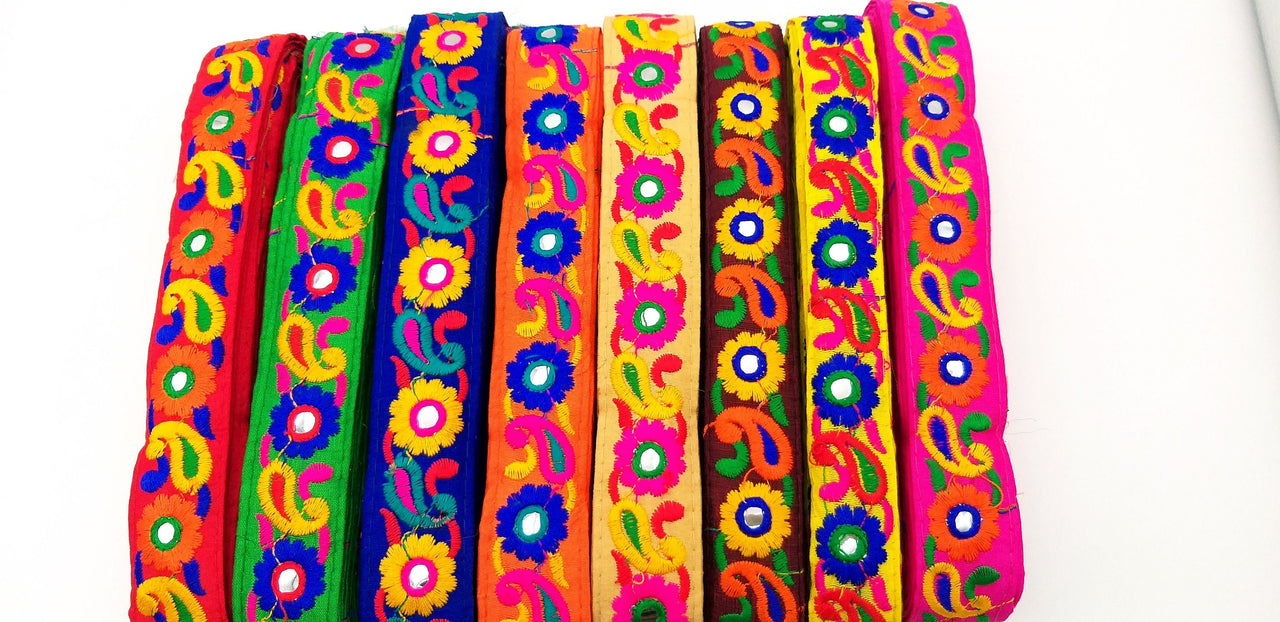 Yellow Floral Mirrored Trim With Royal Blue Flowers And Red Paisley Embroidery, Decorative Trimming, Trim By 3 Yards