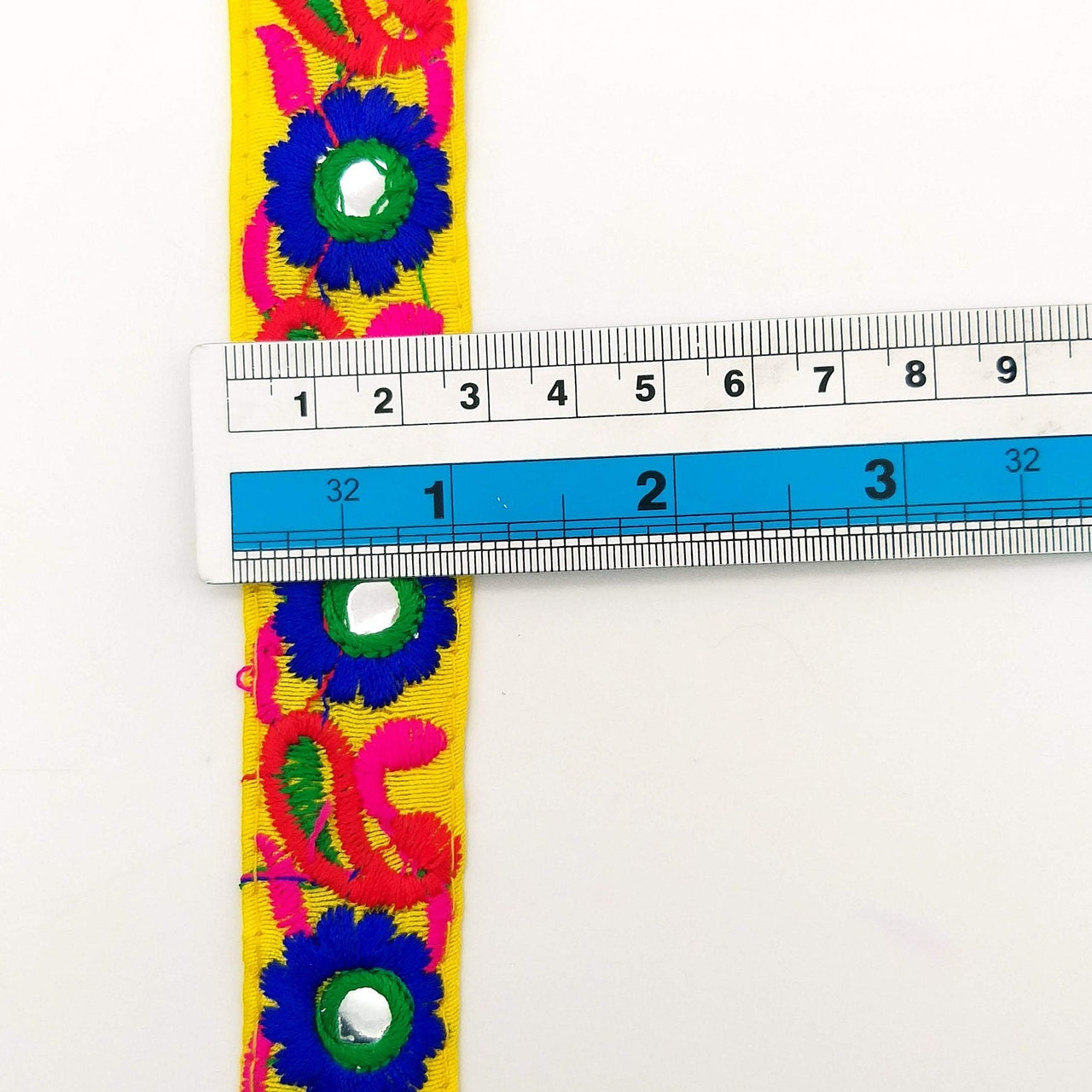 Yellow Floral Mirrored Trim With Royal Blue Flowers And Red Paisley Embroidery, Decorative Trimming, Trim By 3 Yards