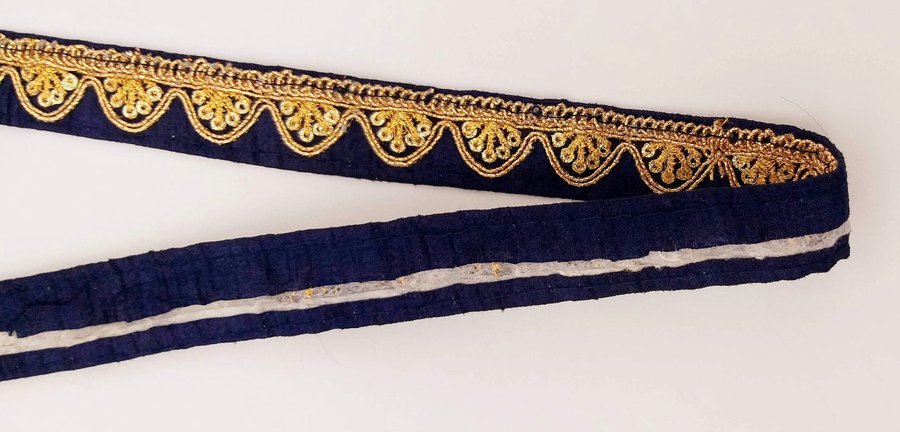 Navy Blue Art Silk Trim with Gold Embroidery and Sequins Indian Sari Border Trim By 3 Yards Decorative Trim Craft Lace