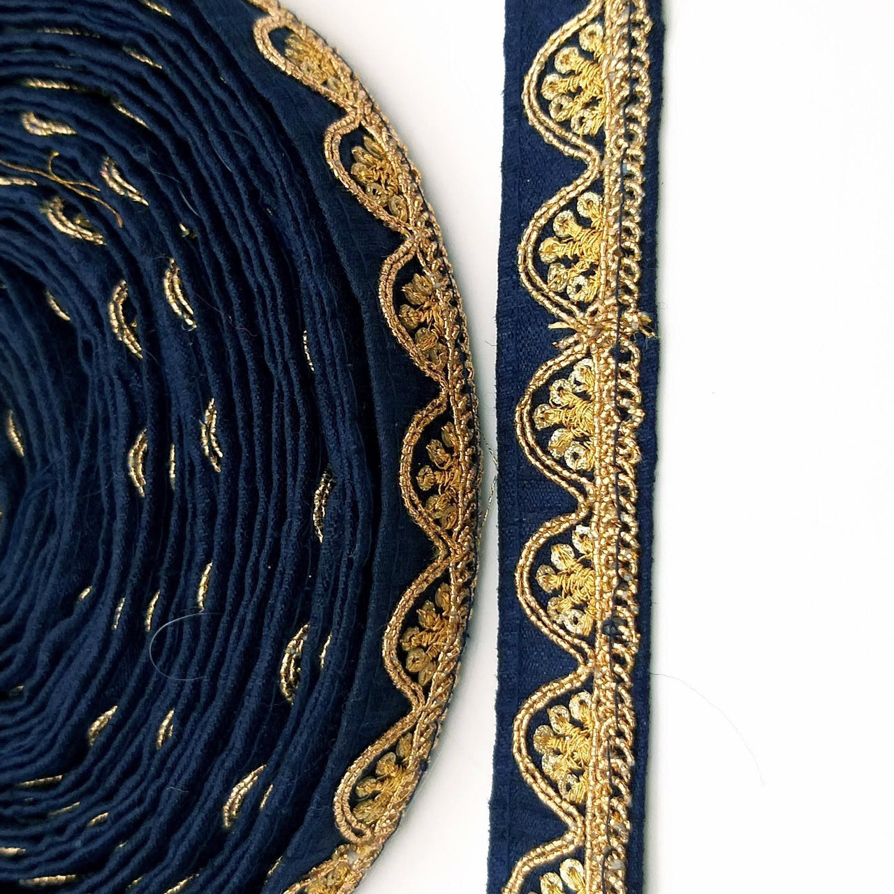 Navy Blue Art Silk Trim with Gold Embroidery and Sequins Indian Sari Border Trim By 3 Yards Decorative Trim Craft Lace
