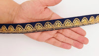 Thumbnail for Navy Blue Art Silk Trim with Gold Embroidery and Sequins Indian Sari Border Trim By 3 Yards Decorative Trim Craft Lace