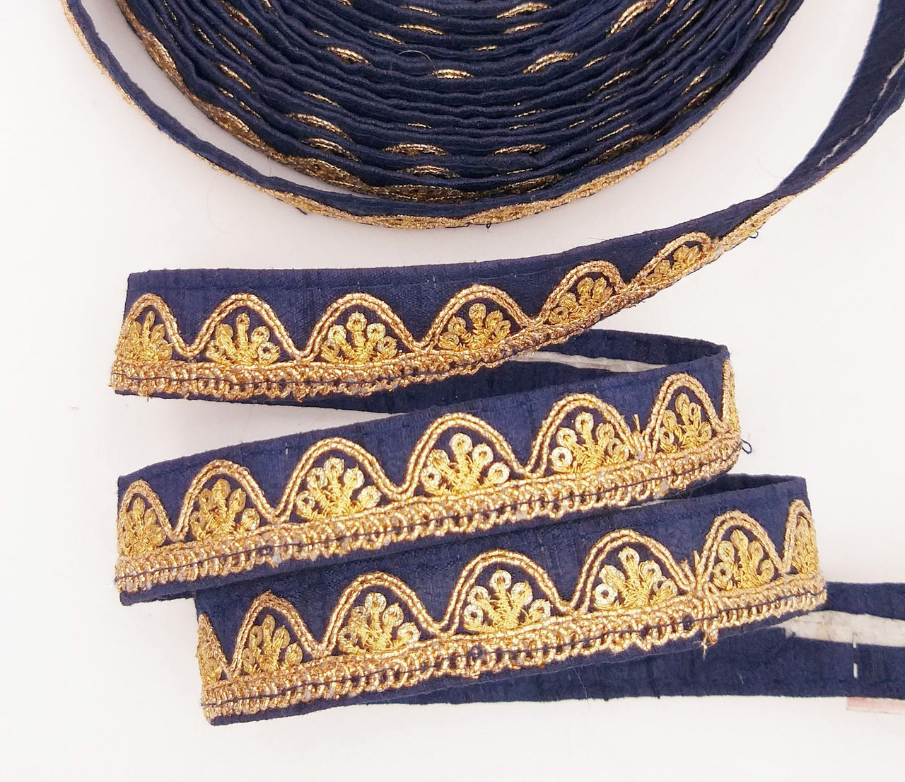 Navy Blue Art Silk Trim with Gold Embroidery and Sequins Indian Sari Border Trim By 3 Yards Decorative Trim Craft Lace