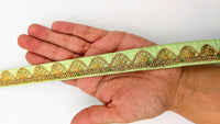Thumbnail for Pastel Green Art Silk Trim with Gold Embroidery and Sequins Indian Sari Border Trim By 3 Yards Decorative Trim Craft Lace