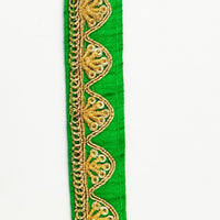 Thumbnail for Green Art Silk Trim with Gold Embroidery and Sequins Indian Sari Border Trim By 3 Yards Decorative Trim Craft Lace
