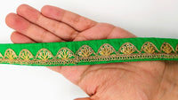Thumbnail for Green Art Silk Trim with Gold Embroidery and Sequins Indian Sari Border Trim By 3 Yards Decorative Trim Craft Lace