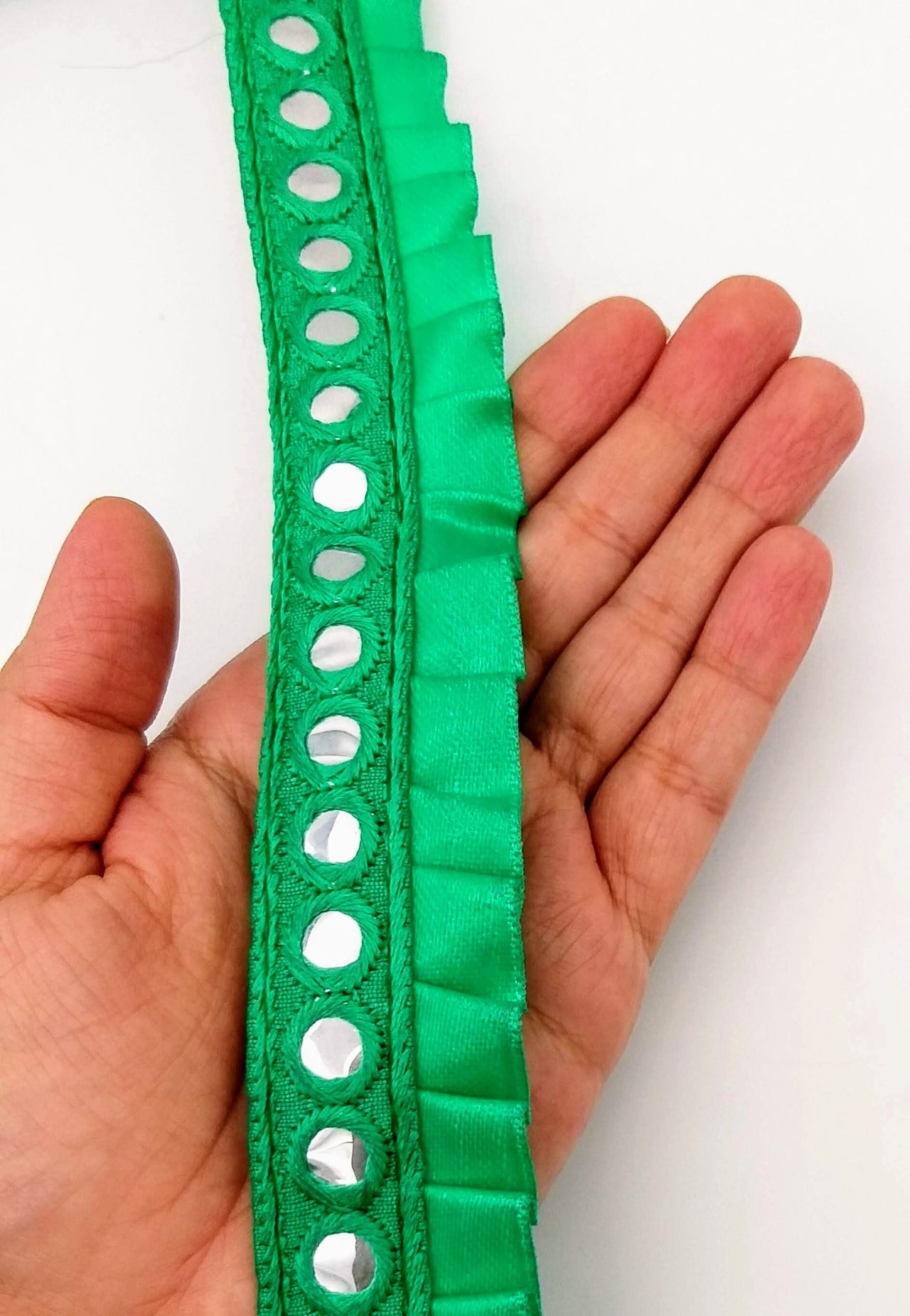 Jade Green Satin Pleated Lace Trim, Mirrored Fringe Trimming, Approx. 30mm wide