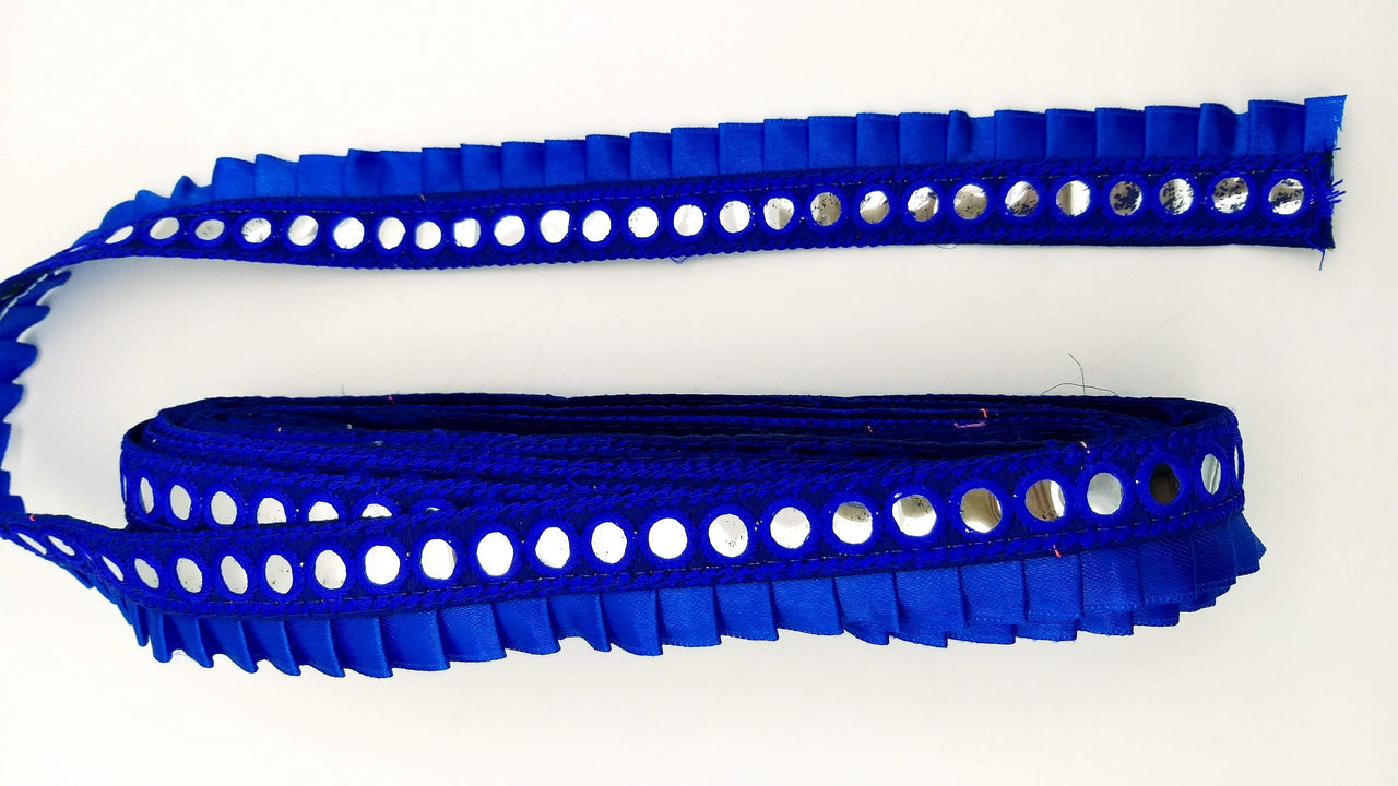 Royal Blue Satin Pleated Lace Trim, Mirrored Fringe Trimming, Approx. 30mm wide