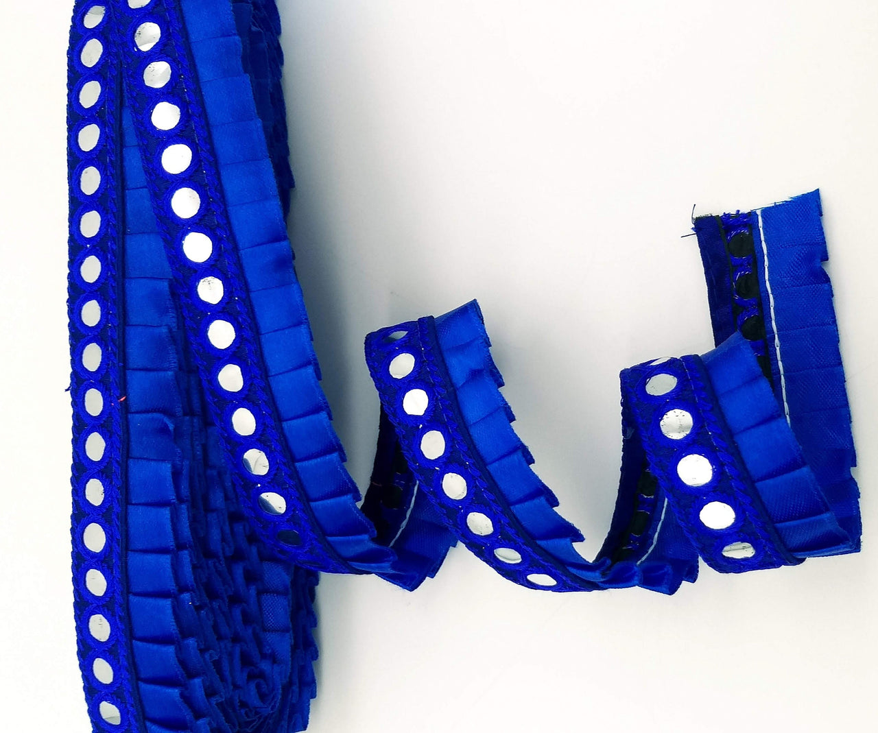 Royal Blue Satin Pleated Lace Trim, Mirrored Fringe Trimming, Approx. 30mm wide