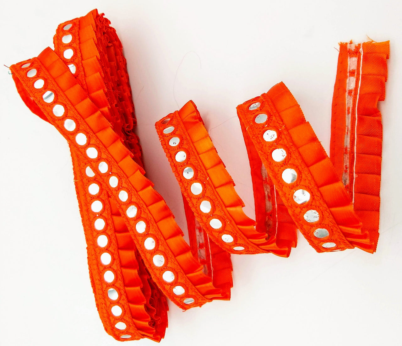 Orange Satin Pleated Lace Trim, Mirrored Fringe Trimming, Approx. 30mm wide
