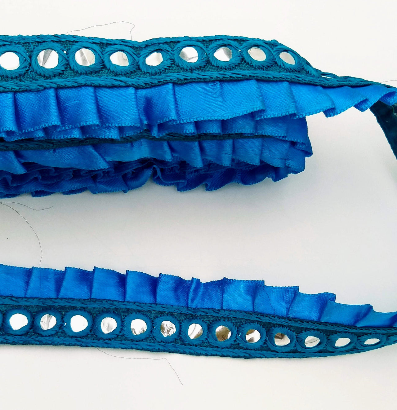 Blue Satin Pleated Lace Trim, Mirrored Fringe Trimming, Approx. 30mm wide