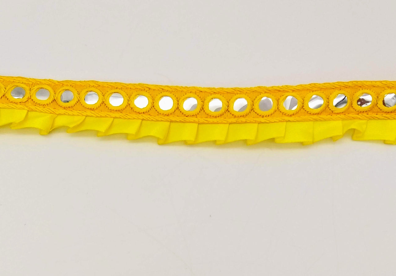 Yellow Satin Pleated Lace Trim, Mirrored Fringe Trimming, Approx. 30mm wide