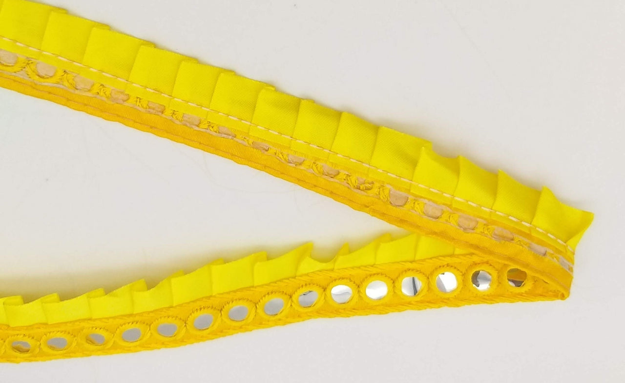 Yellow Satin Pleated Lace Trim, Mirrored Fringe Trimming, Approx. 30mm wide