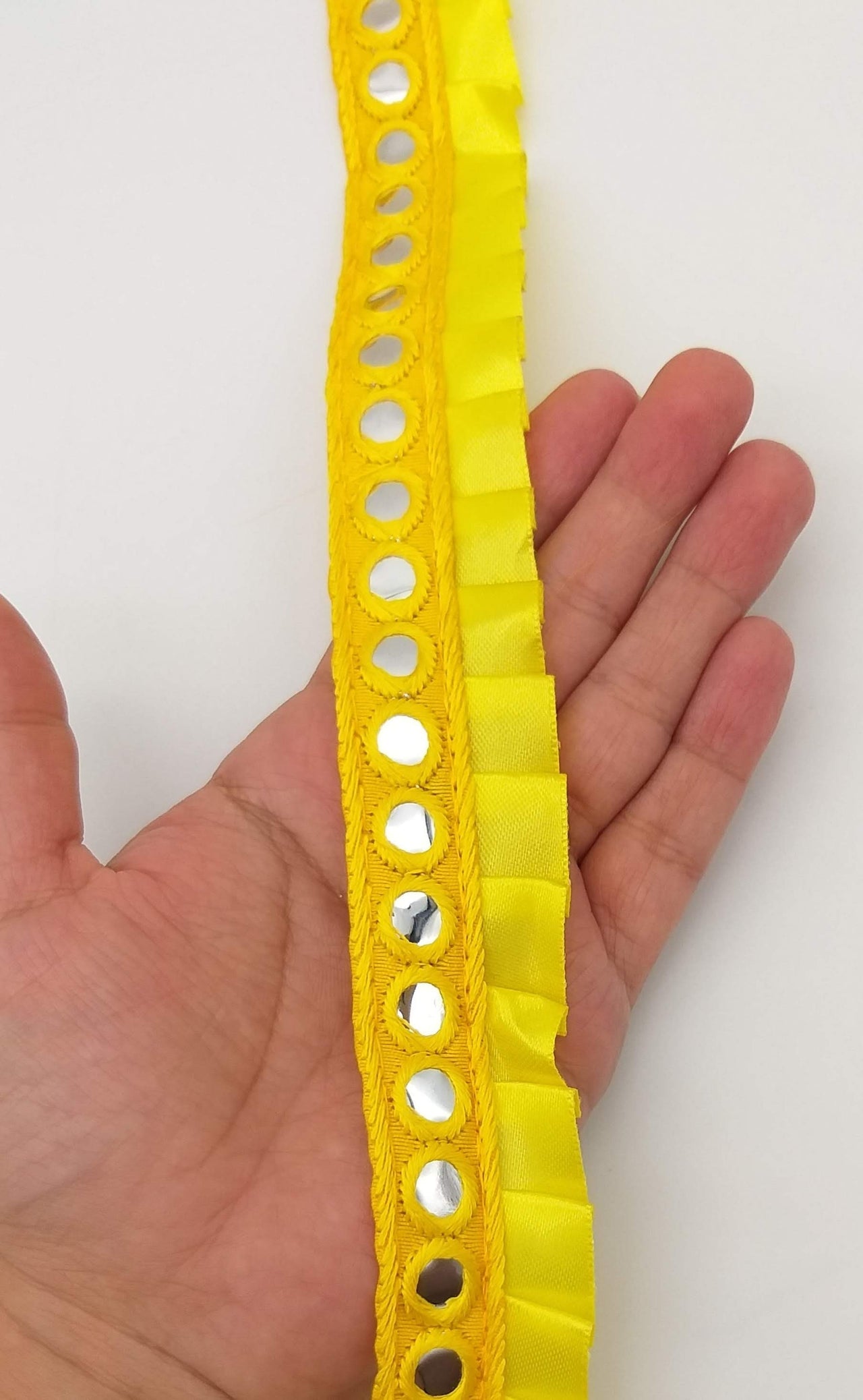 Yellow Satin Pleated Lace Trim, Mirrored Fringe Trimming, Approx. 30mm wide