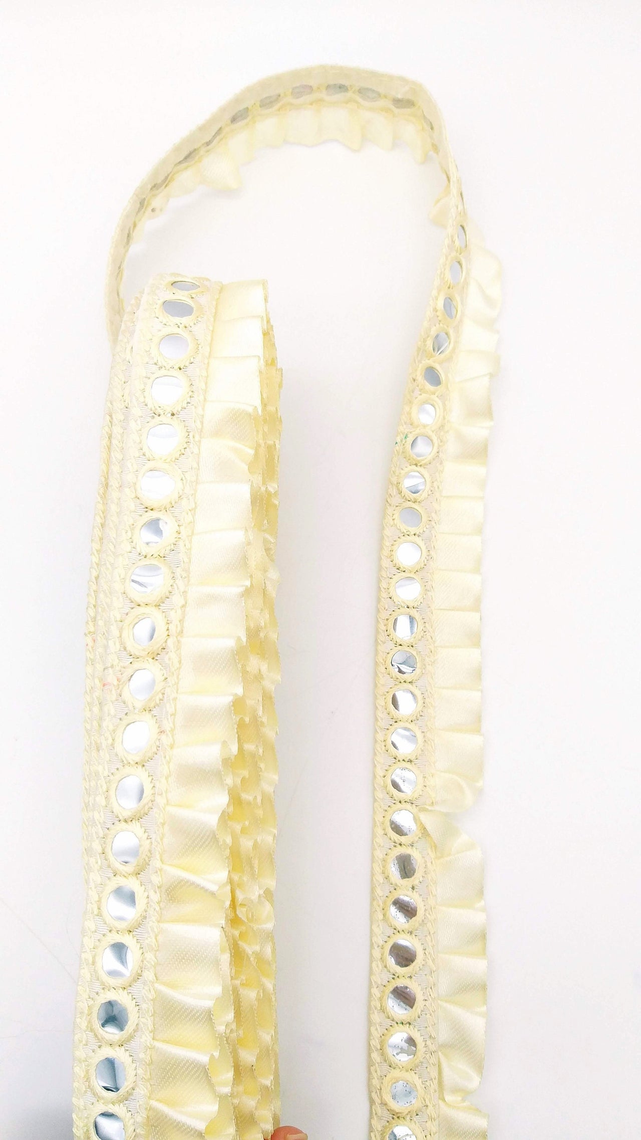 Off White Satin Pleated Lace Trim, Mirrored Fringe Trimming, Approx. 30mm wide