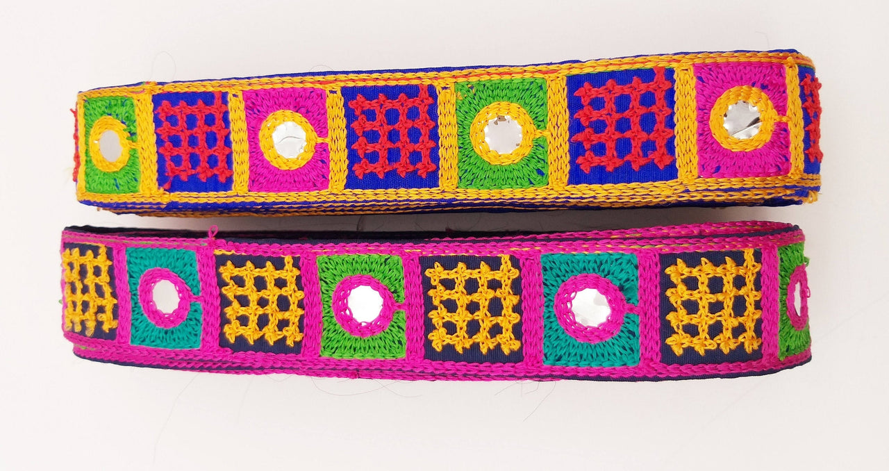 Indian Navy Blue Cotton Fabric Mirror Trim Embroidered in Pink, Yellow, Green and Cyan
