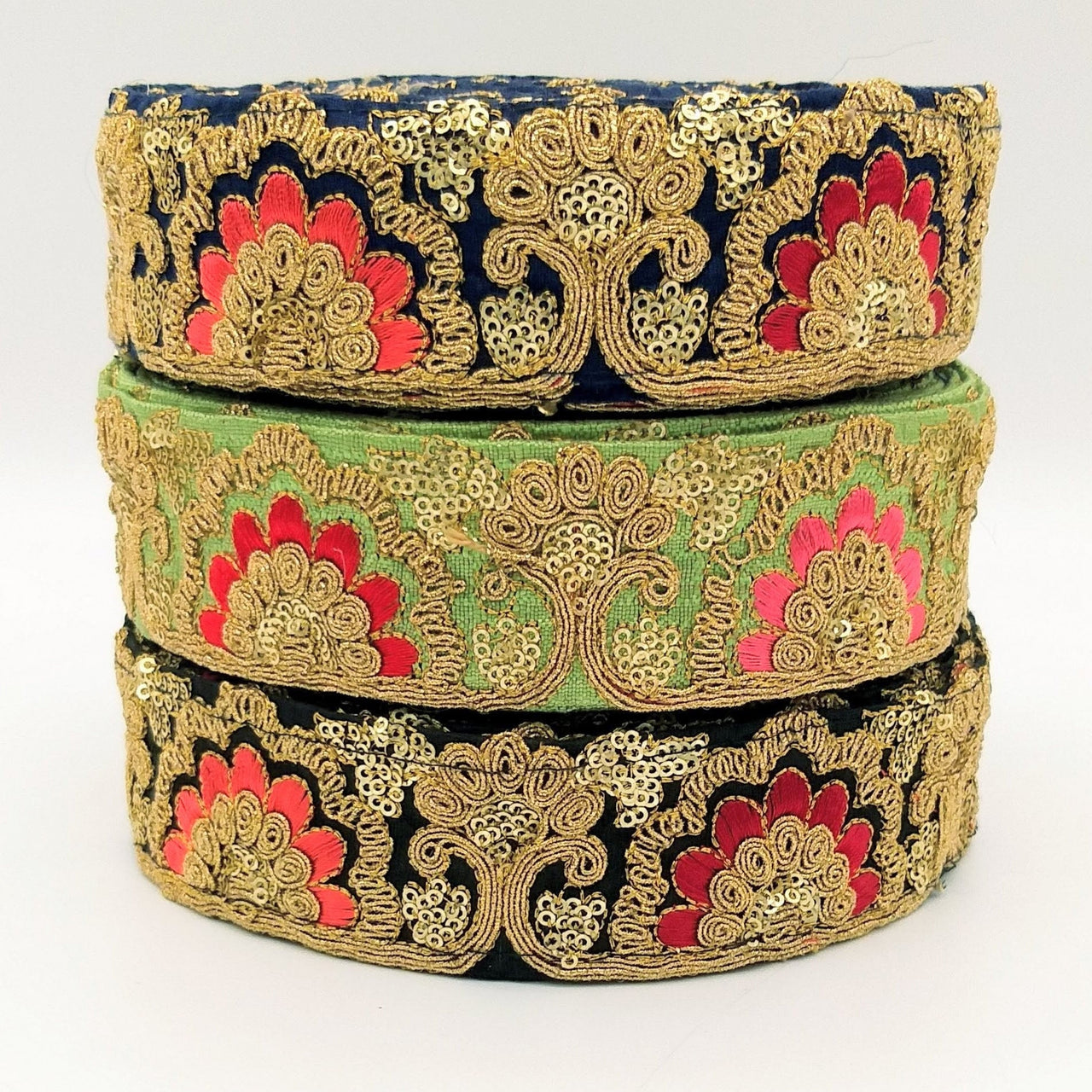 Navy Blue Art Silk Trim With Intricate Floral Embroidery With Sequins, Lace Trim, Indian Lace Trim