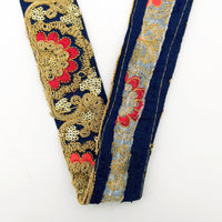 Thumbnail for Navy Blue Art Silk Trim With Intricate Floral Embroidery With Sequins, Lace Trim, Indian Lace Trim