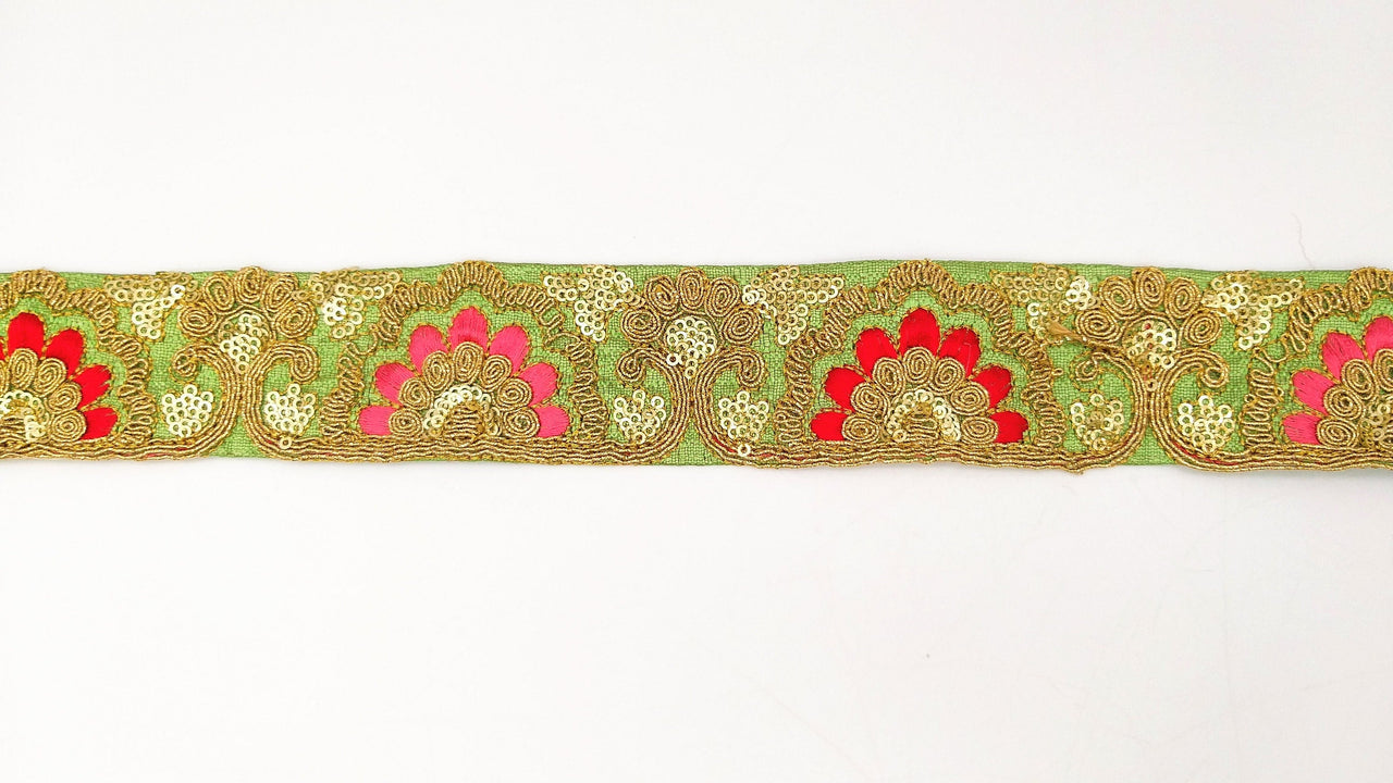Green Art Silk Trim With Intricate Floral Embroidery With Sequins, Lace Trim, Indian Lace Trim